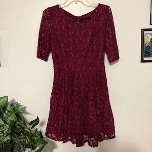By & By Festive Wine & Gold A-Line Lace dress